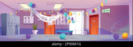 Mess in school hallway after prom night party. Vector cartoon illustration of empty corridor with lockers, colorful confetty scattered on floor, air b Stock Vector