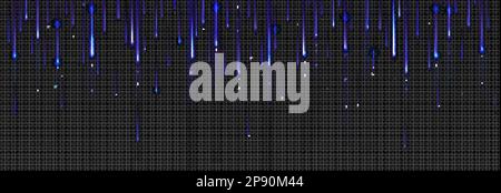 Light effect of meteor rain. Falling stars and comets with blue glow in dark sky. Abstract background with vertical neon lines and sparkles, vector re Stock Vector