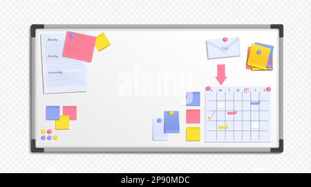 Realistic whiteboard for memo notes and planner isolated in vector. Schedule on wall for organize work process plan and list of meeting. Wall magnet t Stock Vector