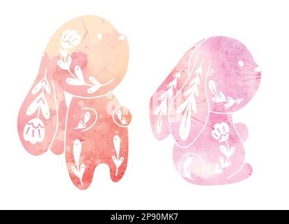 Vector set of cute watercolor decorated rabbits. Collection with cartoon bunnies with floral pattern and dye splashes. Folk art hares. Cliparts animal Stock Vector