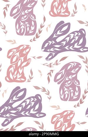Vector seamless Easter pattern with decorated rabbits and flowers. Nursery texture with folk art bunnies in pastel colors on white background. Holiday Stock Vector