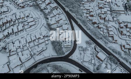 An aerial view of the village of Monk Bretton in Barnsley as Yellow warning of snow is enforce in the Yorkshire area; Monk Bretton, Barnsley,  South Yorkshire, United Kingdom, 10th March 2023  (Photo by Mark Cosgrove/News Images) Stock Photo