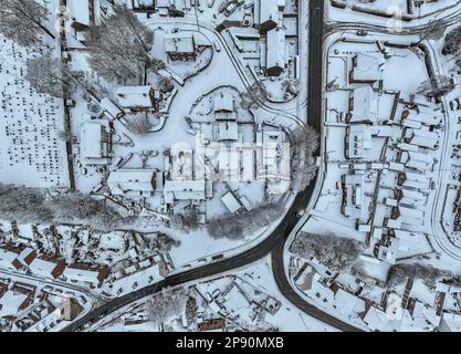 An aerial view of the village of Monk Bretton in Barnsley as Yellow warning of snow is enforce in the Yorkshire area; Monk Bretton, Barnsley,  South Yorkshire, United Kingdom, 10th March 2023  (Photo by Mark Cosgrove/News Images) Stock Photo