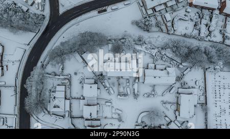 Barnsley, UK. 10th Mar, 2023. An aerial view of the village of Monk Bretton in Barnsley as Yellow warning of snow is enforce in the Yorkshire area; Monk Bretton, Barnsley, South Yorkshire, United Kingdom, 10th March 2023 (Photo by Mark Cosgrove/News Images) in Barnsley, United Kingdom on 3/10/2023. (Photo by Mark Cosgrove/News Images/Sipa USA) Credit: Sipa USA/Alamy Live News Stock Photo