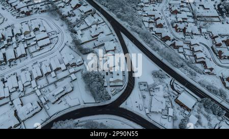 Barnsley, UK. 10th Mar, 2023. An aerial view of the village of Monk Bretton in Barnsley as Yellow warning of snow is enforce in the Yorkshire area; Monk Bretton, Barnsley, South Yorkshire, United Kingdom, 10th March 2023 (Photo by Mark Cosgrove/News Images) in Barnsley, United Kingdom on 3/10/2023. (Photo by Mark Cosgrove/News Images/Sipa USA) Credit: Sipa USA/Alamy Live News Stock Photo