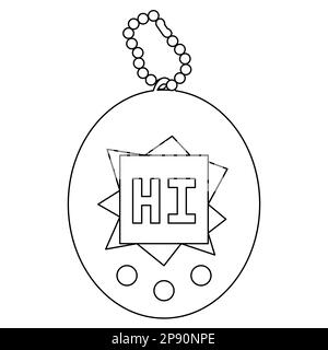 Retro portable pets pocket game of 90s, electronic toy, doodle style flat vector outline illustration for kids coloring book Stock Vector