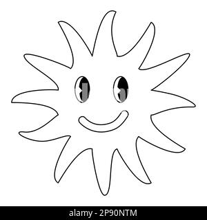 Retro style smiling emoticon sune, doodle style flat vector outline illustration for kids coloring book Stock Vector