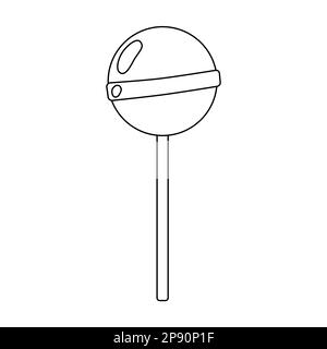 Round pink lollipop, retro style design element, doodle style flat vector outline illustration for kids coloring book Stock Vector