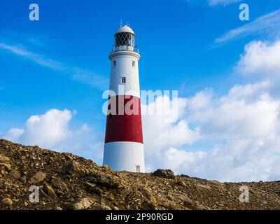 Portland Bill Lighthouse on the Jurassic Coast in Dorset. Stock Photo