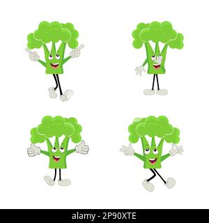 Broccoli mascot cartoon in vector. Cute happy smiling broccoli vegetable set collection. Vector flat cartoon character illustration icon design. Stock Vector