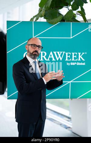 Houston, USA. 7th Mar, 2023. Paul Everingham, CEO of Asia Natural Gas & Energy Association, speaks during an interview with Xinhua at CERAWeek in Houston, Texas, the United States, March 7, 2023. TO GO WITH 'Roundup: 2022 a year of 'transformation' and 'confirmation' for gas, industry leaders say' Credit: Chen Chen/Xinhua/Alamy Live News Stock Photo