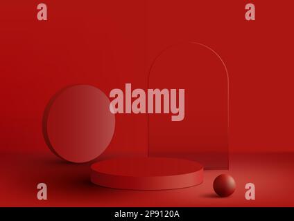 3D realistic modern red cylinder podium stand with geometric shapes elements and rounded transparency glass backdrop minimal wall scene background. Pl Stock Vector