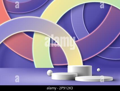3D realistic group of white podium platform stand decoration with white balls and abstract circles border lines overlapping layer pattern background. Stock Vector