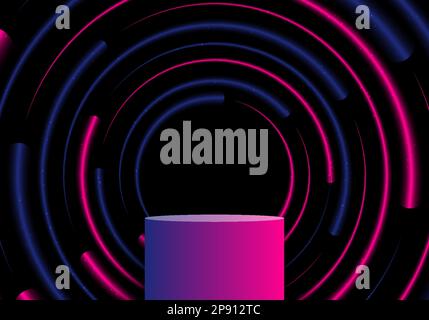 Abstract technology 3D realistic podium stand with blue and pink glowing neon lighting effect circles radius pattern on black background technology fu Stock Vector