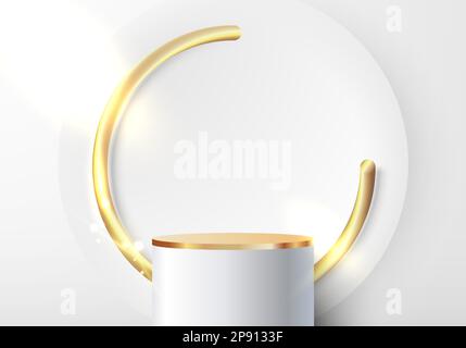Abstract modern luxury product display. 3D realistic elegant white and gold cylinder podium stand with golden circle backdrop minimal wall scene on wh Stock Vector