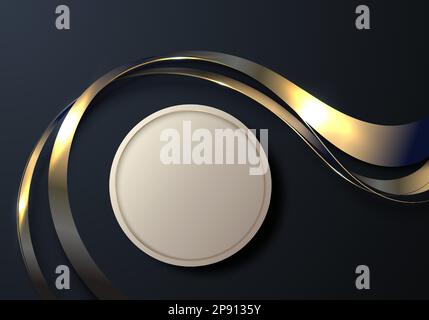 Abstract modern luxury product display. 3D top view golden circle podium stand with golden ribbon wave curved lines and lighting effect on black backg Stock Vector