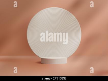 Abstract 3D realistic white podium stand with circles backdrop and natural tree leaf shadow on brown background. Product display for beauty cosmetic, Stock Vector