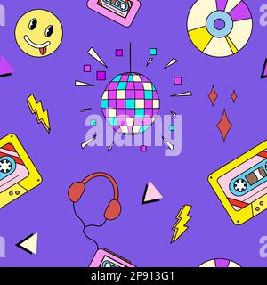 Seamless pattern with old fashioned disco ball, cassette, player, retro musical elements pattern, doodle style flat vector illustration Stock Vector