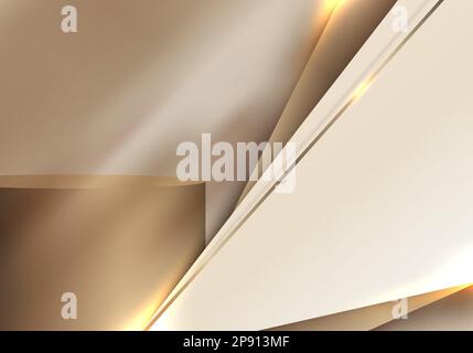 Abstract modern luxury product display. 3D golden podium stand with golden diagonal lines lighting and light brown triangles shapes overlapping backgr Stock Vector