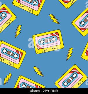 Seamless pattern with old fashioned cassette, retro musical elements pattern, doodle style flat vector illustration Stock Vector