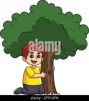 Boy Hugging a Tree Cartoon Colored Clipart  Stock Vector