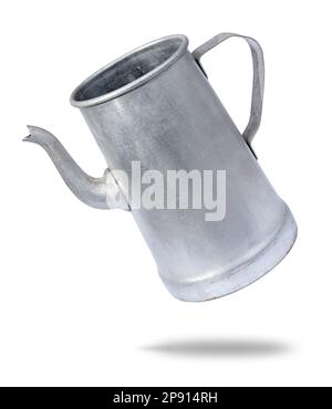 Old aluminium coffee pitcher or milk jug isolated on white con clipping path incluso Stock Photo