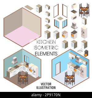 Kitchen interior constructor, vector flat isometric illustration Stock Vector