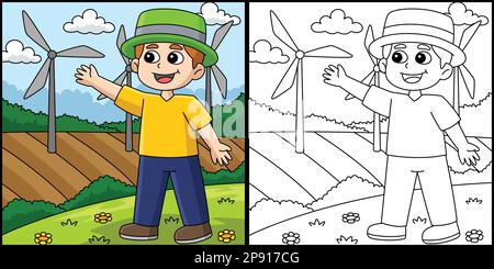 Boy Showing a Windmill Coloring Page Illustration Stock Vector