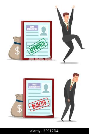 Approved and rejected loan application forms with characters, vector flat illustration Stock Vector