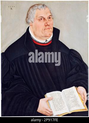 Martin Luther (1483-1546), portrait painting in oil on panel of the German priest and seminal figure in the Protestant Reformation, by Lucas Cranach the Younger, 1559 Stock Photo