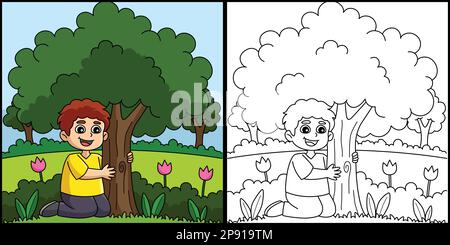 Boy Hugging a Tree Coloring Page Illustration Stock Vector