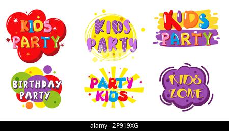 Birthday party kids zone label banner set, vector isolated illustration Stock Vector