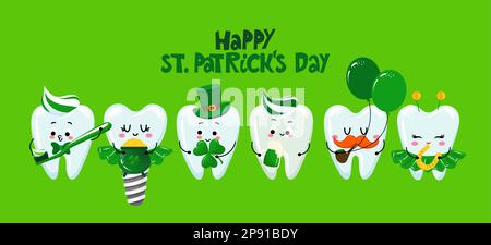 Happy saint Patrick’s Day - Tooth couple character design in kawaii style. Hand drawn Toothfairy with funny quote. Good for school prevention posters, Stock Vector