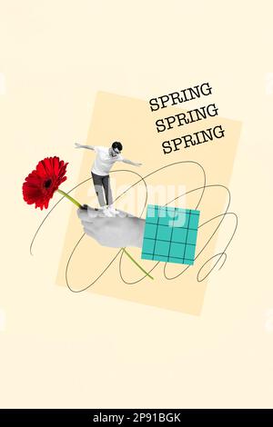 Image banner poster collage of mini young guy balancing from human hand celebrate spring time holiday giving red gerbera Stock Photo