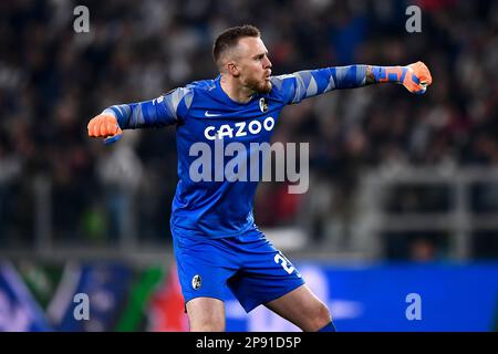 Turin, Italy. 09 March 2023. Mark Flekken of SC Freiburg celebrates during the UEFA Europa League round of 16 football match between Juventus FC and SC Freiburg. Credit: Nicolò Campo/Alamy Live News Stock Photo