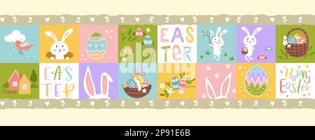 Cute hand drawn Easter seamless pattern with bunnies, flowers, easter eggs, beautiful colorful background, great for Easter Cards, banner, textiles, w Stock Vector