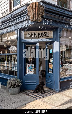 Open doorway to art gallery converted from previous 1840s grocer's shop. Herne Bay, Kent, UK Stock Photo