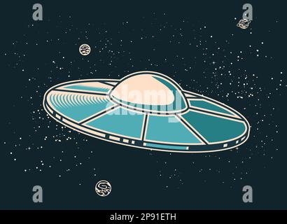 UFO in open space, alien space ship, extraterrestrial flying saucer, ufo disk in cosmos, vector Stock Vector