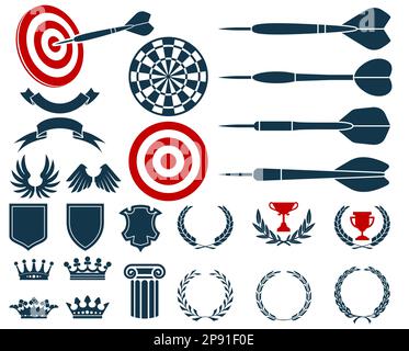 Darts game heraldic blazons, award coat of arms, prize elements, targets, dartboard and banners, darts competition emblem, vector Stock Vector