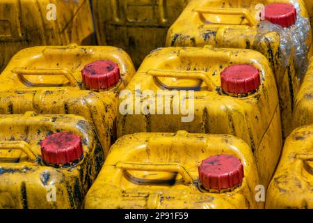 Stock of dirty plastic jerry cans Stock Photo