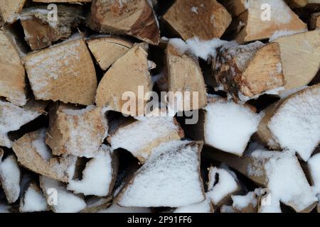 snow coating hard wood log store after heavy snowfall in winter newtownabbey northern ireland uk Stock Photo