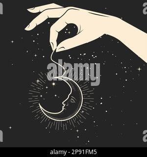 Hand with mystic pendant of moon face, pendulum with crescent , amulet of oneiromancy, witchcraft and divination, vector Stock Vector