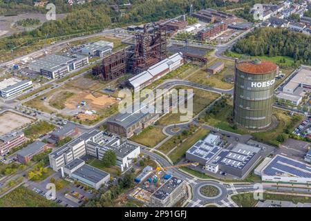 Phoenix-West area and Hoesch gasometer and blast furnace plant as well as KIS Antriebstechnik GmbH with solar roof and company building Konrad-Adenaue Stock Photo