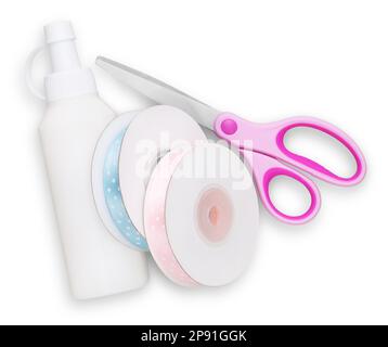 Crafting Festive Gift Wraps: Scissors, Glue, and Rolls of Satin Ribbons for Personalized Presents.Top View isolated on White Background for DIY and Cr Stock Photo
