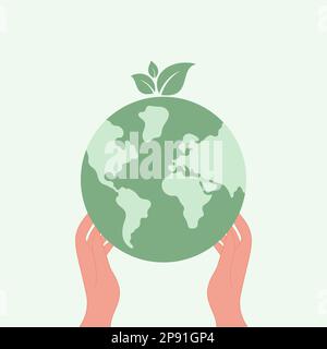 Hands holding globe, earth. Earth day concept. Earth day vector illustration for poster, banner, print, web. Saving the planet, environment. Modern Stock Vector