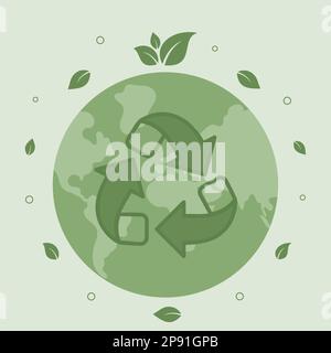 Green planet with recycling symbol. Zero waste movement support. Environmental protection and green living. Give things second life. Eco friendly Stock Vector