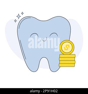 Cute tooth with gold coin. Happy tooth and money isolated on background. Dental services price icon and payment concept. Flat cartoon vector Stock Vector