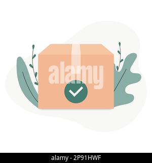 Delivery package and check mark. Shipping box and cardboard box. Shipping, transportation, safe delivery concept. Trendy and modern vector in flat Stock Vector