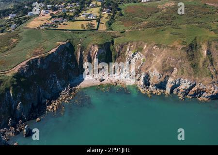 Howth, co. Dublin / Ireland - September 2020 : Aerial view of The Baily Lighthouse on Howth Head. Whole Howth peninsula visible in the frame. Stock Photo