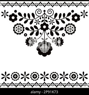 Mexican traditional vector seamless pattern with flowers, leaves and swirls in black and white Stock Vector